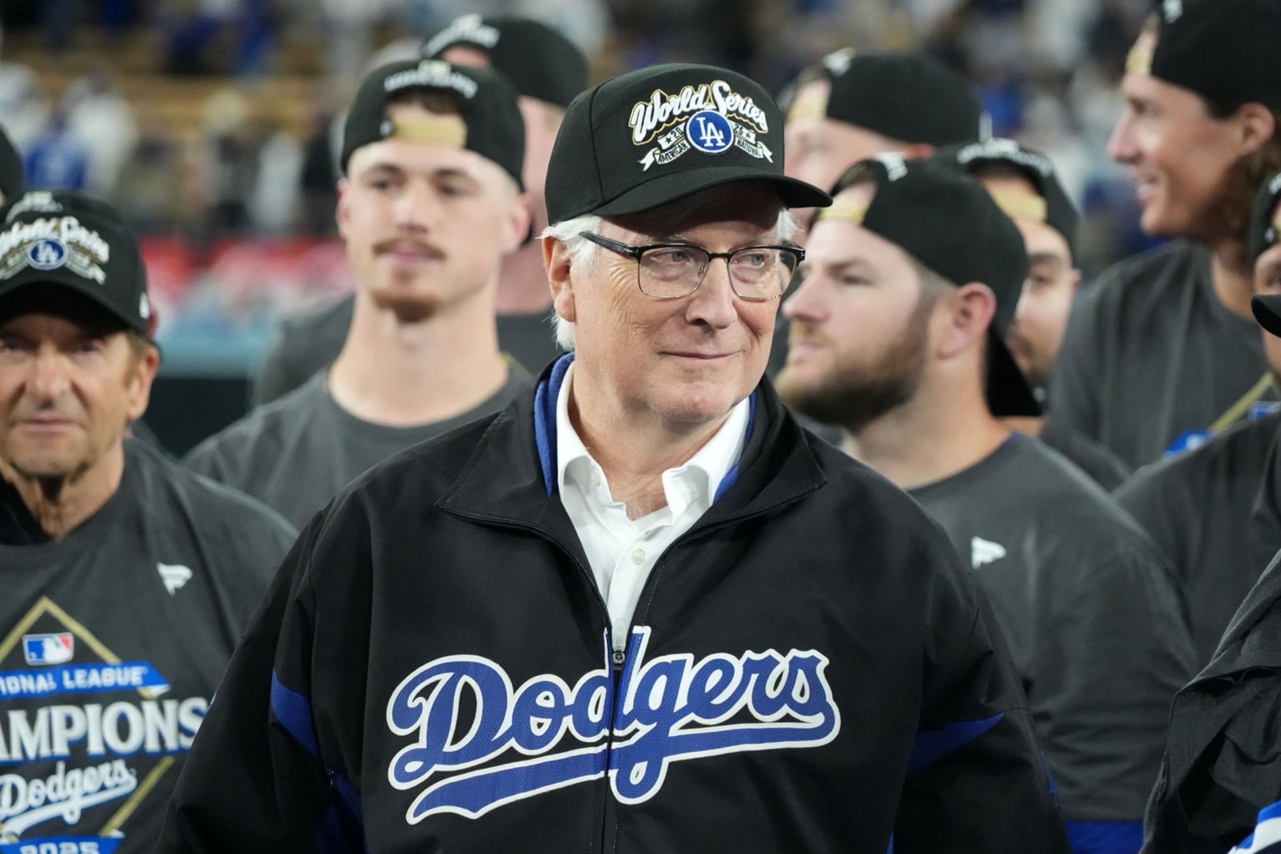 Oct 17, 2025; Los Angeles, California, USA; Los Angeles Dodgers owner Mark Walter reacts after game four of the NLCS round for the 2025 MLB playoffs against the Milwaukee Brewers at Dodger Stadium. Mandatory Credit: Kirby Lee-Imagn Images