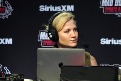 Michelle Beadle on the Sirius XM Mad Dog Sports radio set at the Super Bowl 58 media center at the Mandalay Bay resort and casino.