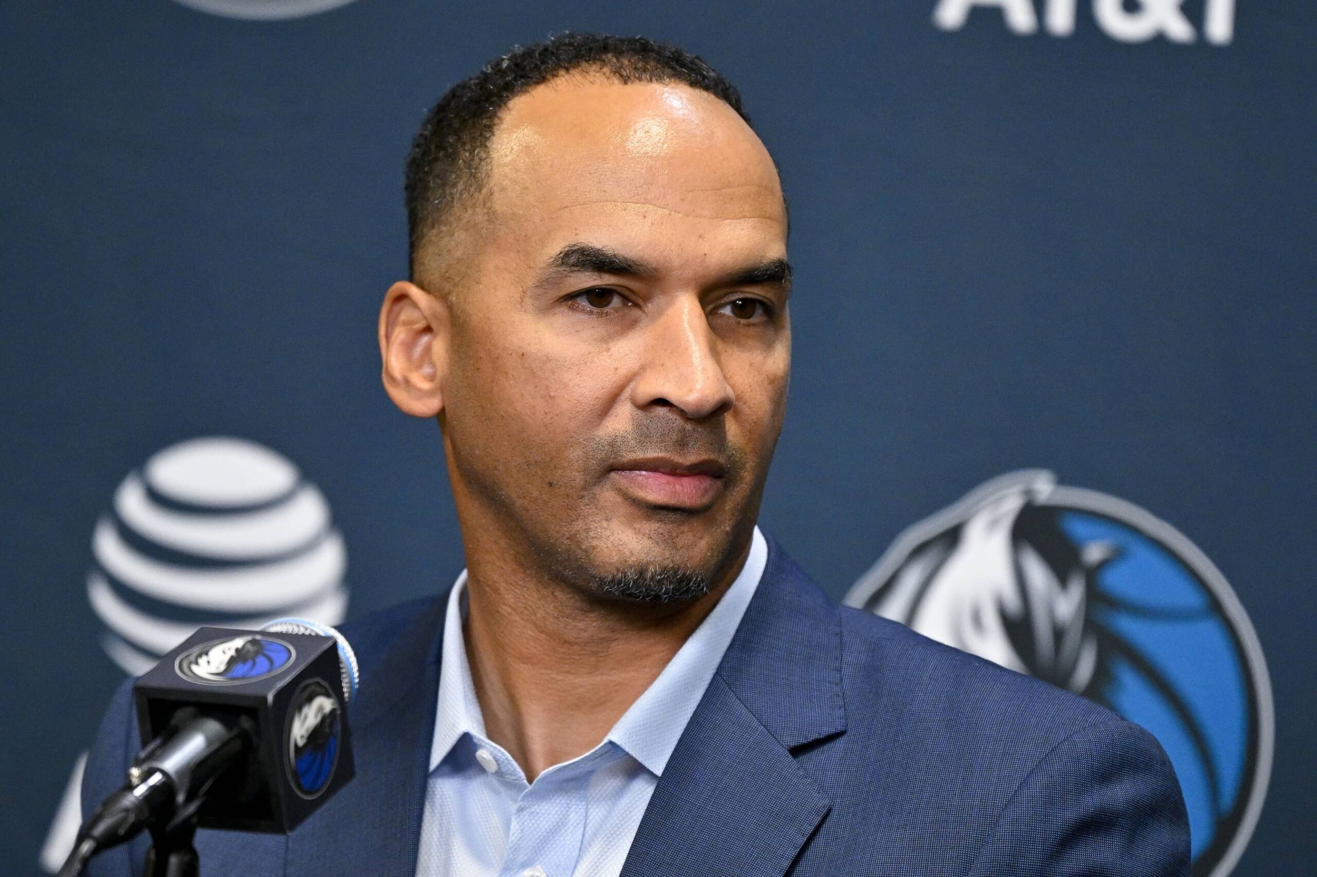 Dallas Mavericks general manager Nico Harrison speaks to the media at the Dallas Mavericks Practice Facility.