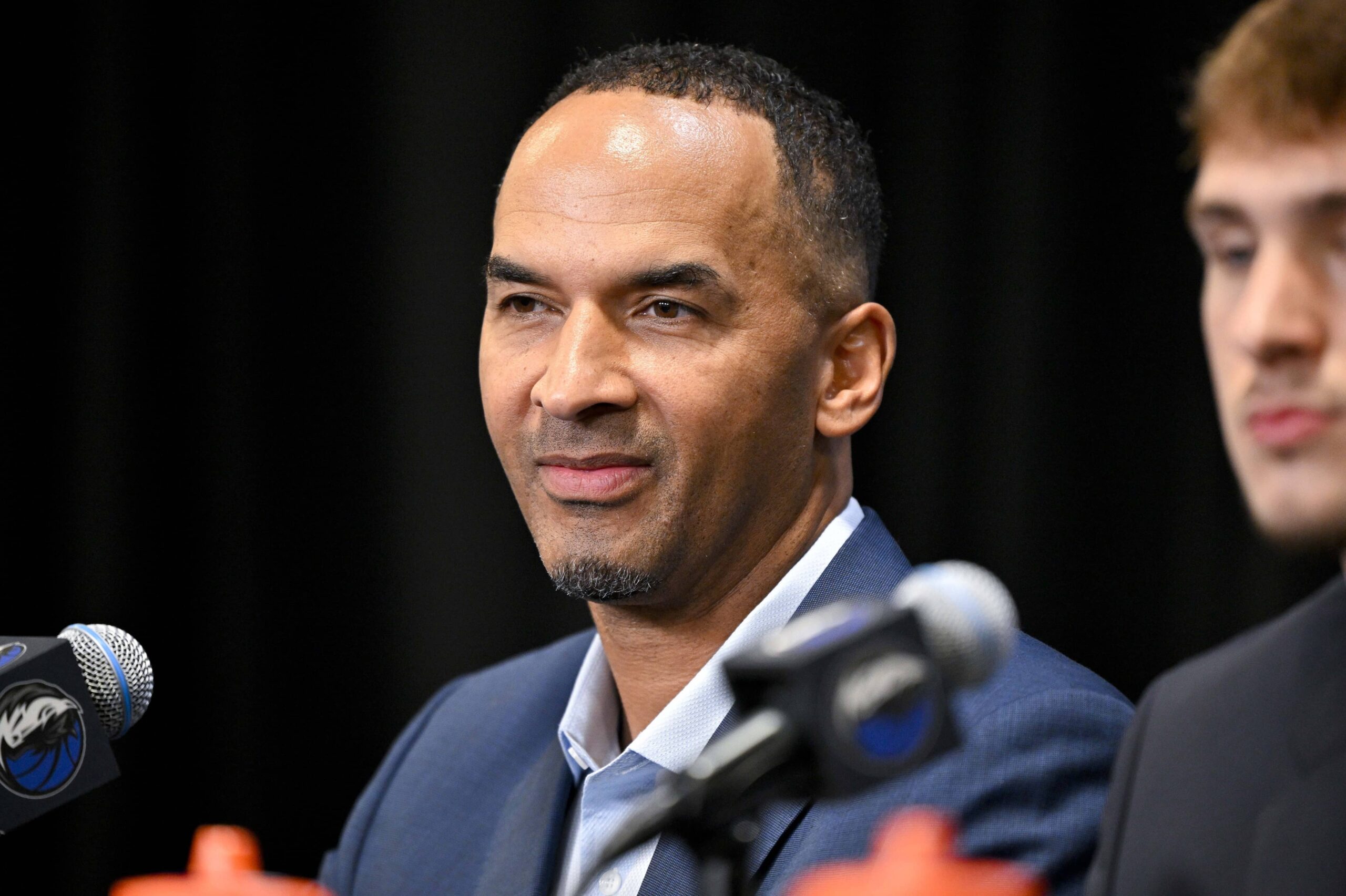Dallas Mavericks general manager Nico Harrison speaks to the media at the Dallas Mavericks Practice Facility.
