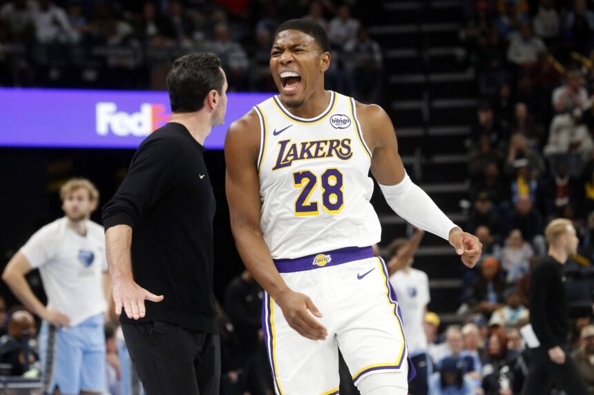 Los Angeles Lakers forward Rui Hachimura (28) reacts during the fourth quarter against the Memphis Grizzlies at FedExForum.