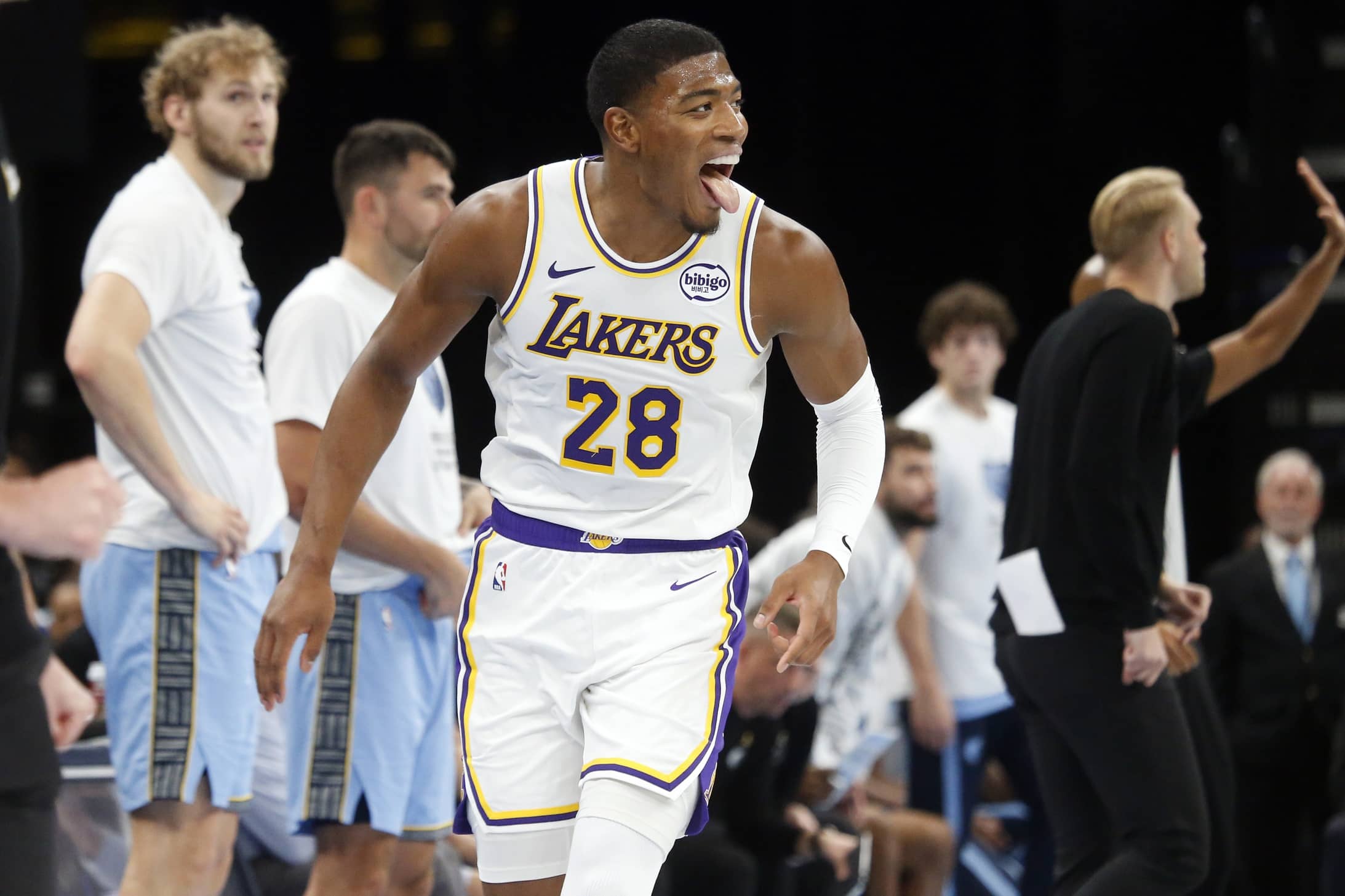 Los Angeles Lakers forward Rui Hachimura (28) reacts during the fourth quarter against the Memphis Grizzlies at FedExForum.