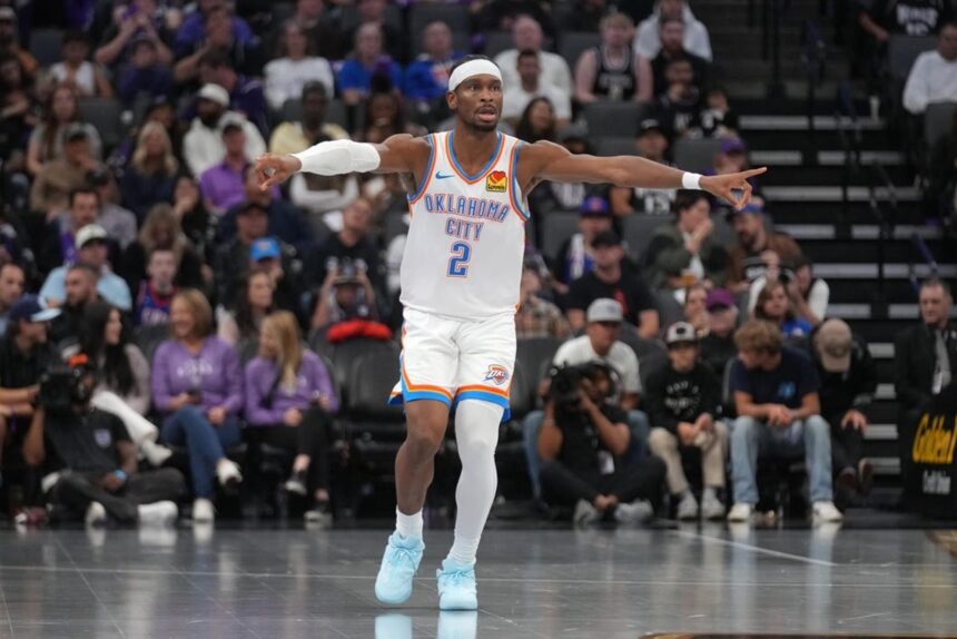 Nov 7, 2025; Sacramento, California, USA; Oklahoma City Thunder guard Shai Gilgeous-Alexander (2) directs teammates during action against the Sacramento Kings in the third quarter at the Golden 1 Center. Mandatory Credit: Cary Edmondson-Imagn Images