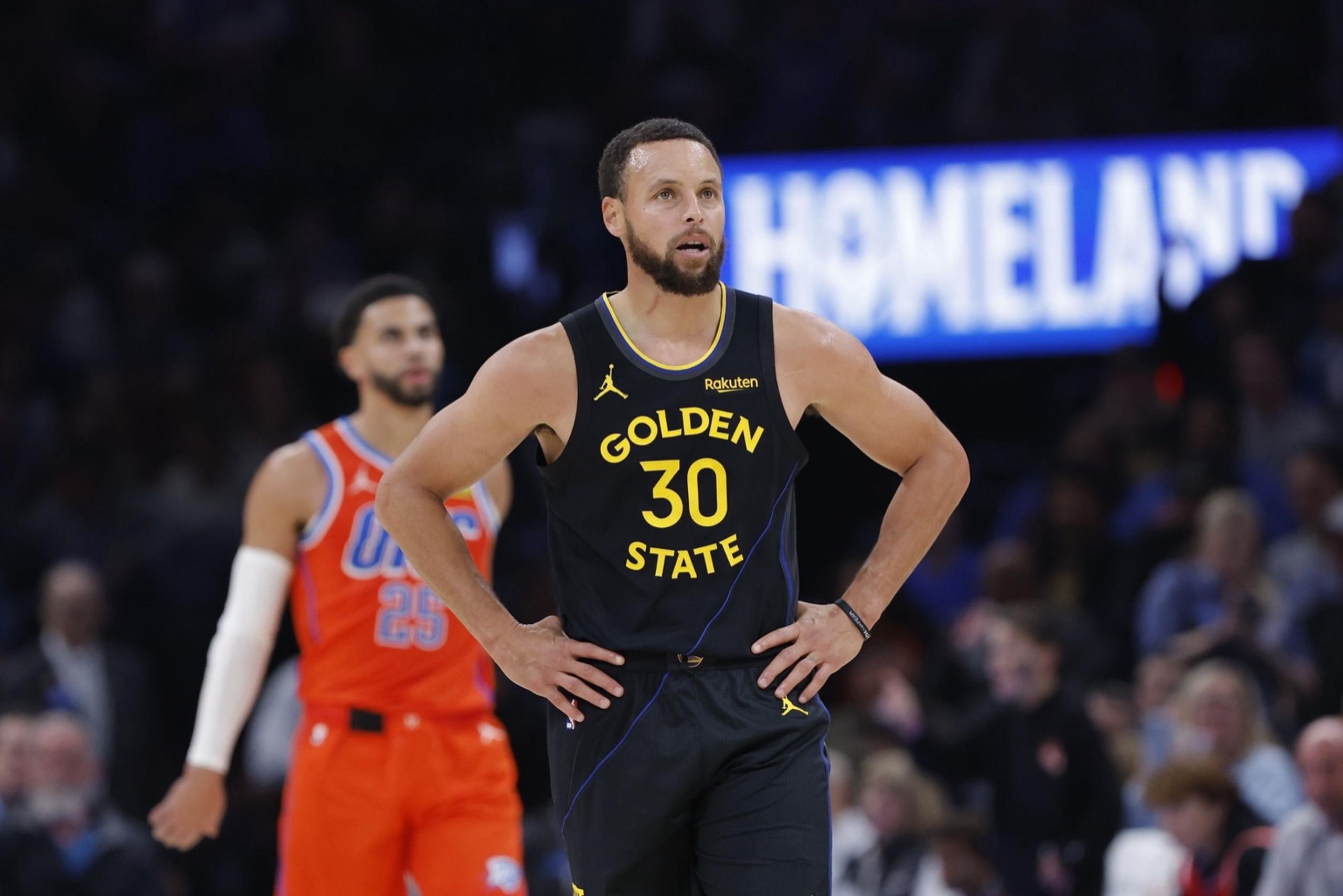Nov 11, 2025; Oklahoma City, Oklahoma, USA; Golden State Warriors guard Stephen Curry (30) stands a play against the Oklahoma City Thunder during the second half at Paycom Center. Mandatory Credit: Alonzo Adams-Imagn Images