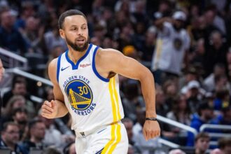 Nov 1, 2025; Indianapolis, Indiana, USA; Golden State Warriors guard Stephen Curry (30) celebrates a made basket in the second half against the Indiana Pacers at Gainbridge Fieldhouse. Mandatory Credit: Trevor Ruszkowski-Imagn Images