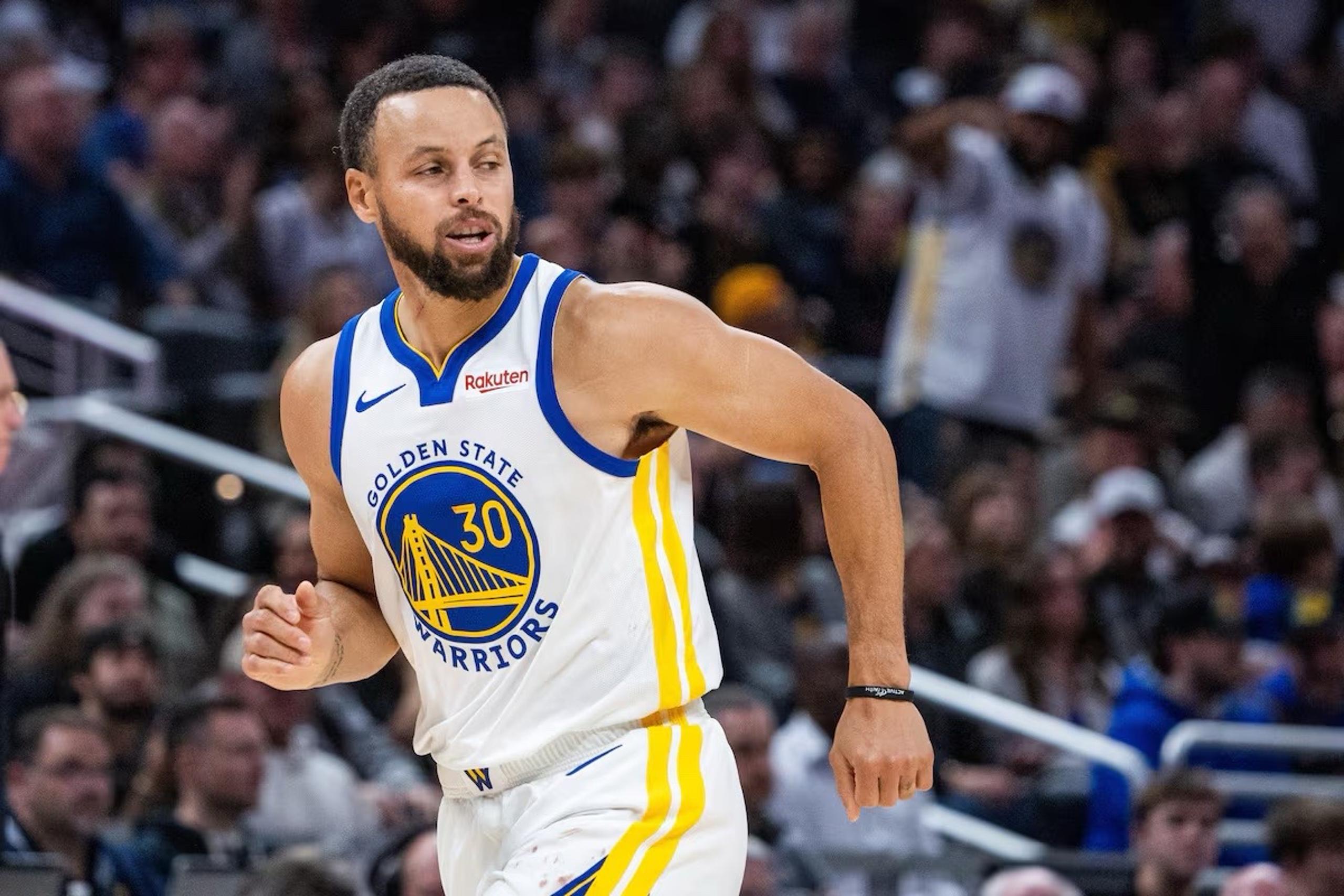Nov 1, 2025; Indianapolis, Indiana, USA; Golden State Warriors guard Stephen Curry (30) celebrates a made basket in the second half against the Indiana Pacers at Gainbridge Fieldhouse. Mandatory Credit: Trevor Ruszkowski-Imagn Images
