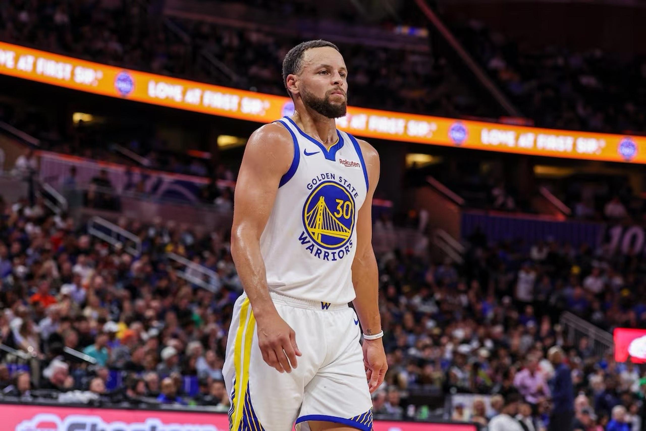 Nov 18, 2025; Orlando, Florida, USA; Golden State Warriors guard Stephen Curry (30) after a timeout during the second half against the Orlando Magic at Kia Center. Mandatory Credit: Mike Watters-Imagn Images