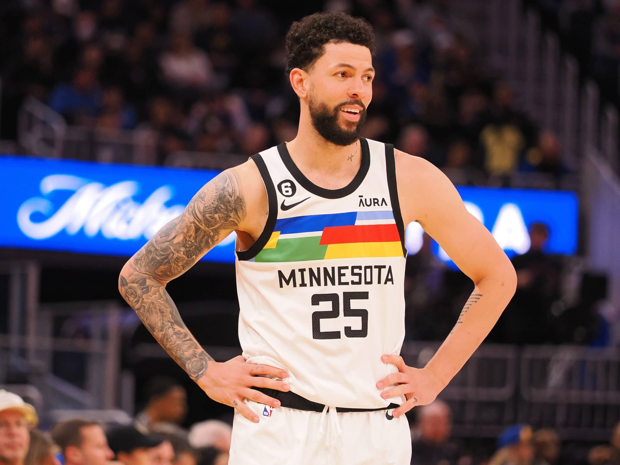 Feb 26, 2023; San Francisco, California, USA; Minnesota Timberwolves guard Austin Rivers (25) between plays against the Golden State Warriors during the fourth quarter at Chase Center. Mandatory Credit: Kelley L Cox-Imagn Images