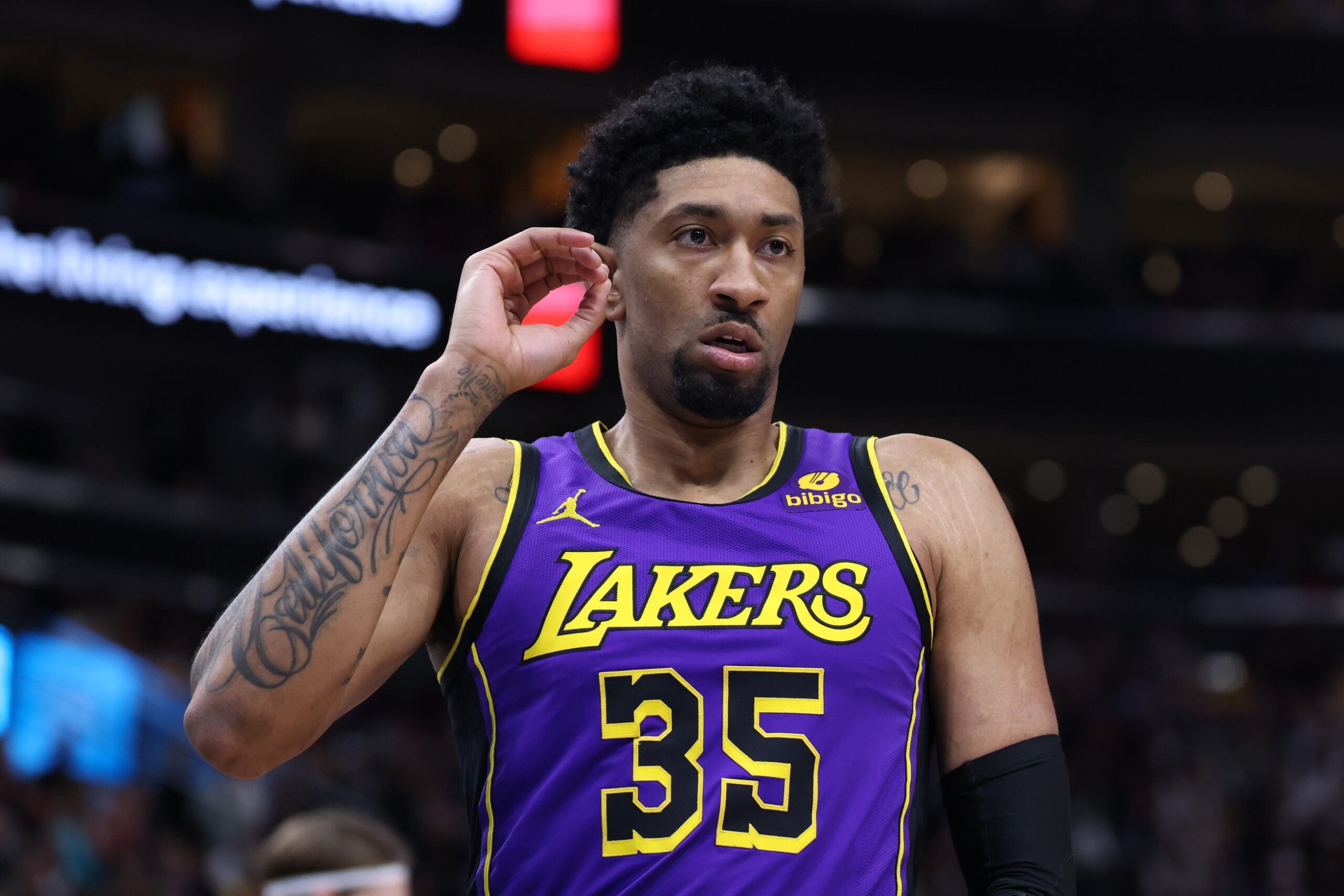 Jan 13, 2024; Salt Lake City, Utah, USA; Los Angeles Lakers forward Christian Wood (35) reacts to a play against the Utah Jazz during the second quarter at Delta Center. Mandatory Credit: Rob Gray-USA TODAY Sports