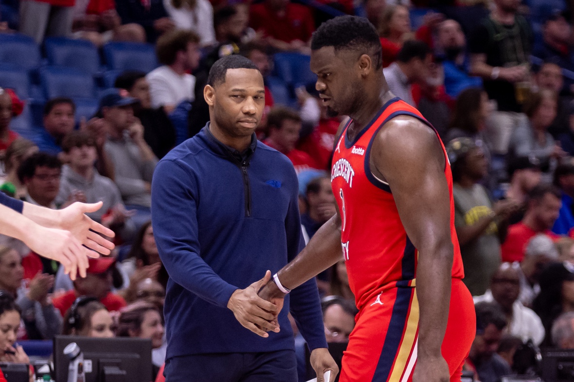 Apr 16, 2024; New Orleans, Louisiana, USA; New Orleans Pelicans forward Zion Williamson (1) reacts with New Orleans Pelicans head coach Willie Green on a time out in the first half against the Los Angeles Lakers during a play-in game of the 2024 NBA playoffs against the New Orleans Pelicans at Smoothie King Center. Mandatory Credit: Stephen Lew-USA TODAY Sports