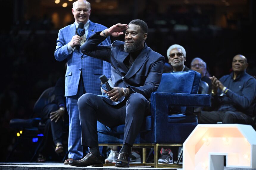 Mar 15, 2025; Memphis, Tennessee, USA; Tony Allen at his jersey retirement ceremony after the Miami Heat vs. Memphis grizzlies game at FedExForum. Mandatory Credit: Matthew Smith-Imagn Images