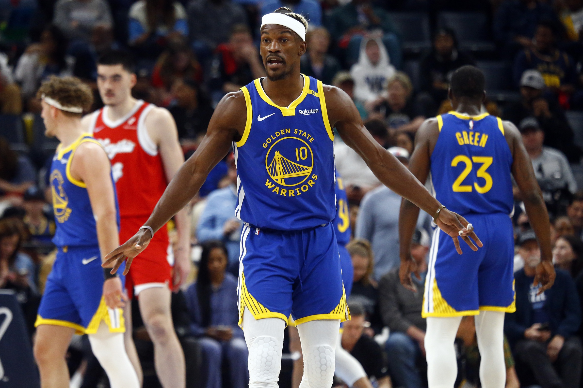 Apr 1, 2025; Memphis, Tennessee, USA; Golden State Warriors forward Jimmy Butler III (10) reacts during the first quarter against the Memphis Grizzlies at FedExForum. Mandatory Credit: Petre Thomas-Imagn Images