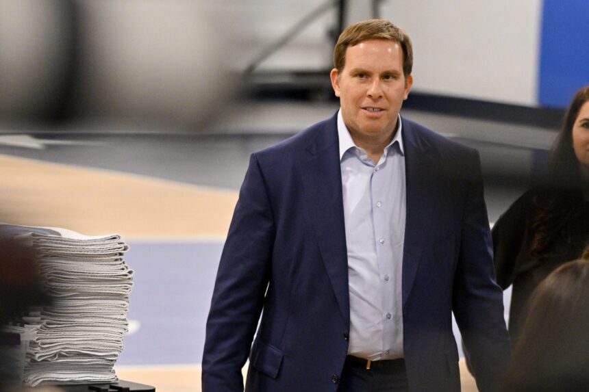 Jun 27, 2025; Dallas, TX, USA; Dallas Mavericks governor Patrick Dumont arrives at a press conference at the Dallas Mavericks Practice Facility. Mandatory Credit: Jerome Miron-Imagn Images