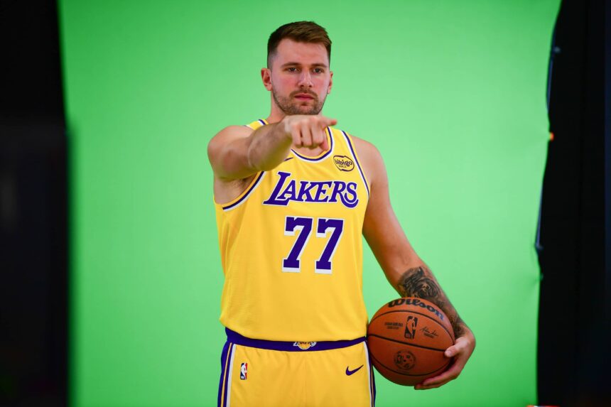 Los Angeles Lakers guard Luka Doncic (77) during media day at UCLA Health Training Center.