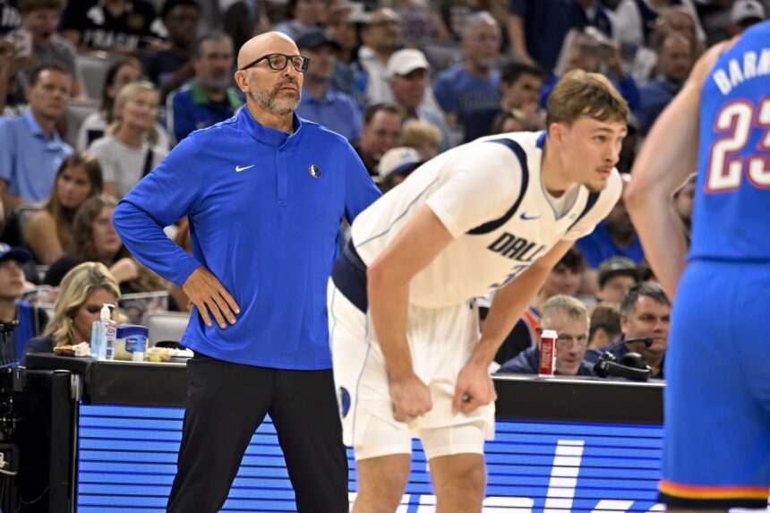 Oct 6, 2025; Fort Worth, Texas, USA; Dallas Mavericks Head Coach Jason Kidd watches forward Cooper Flagg (32) on the court during the second quarter against the Oklahoma City Thunder at Dickie's Arena. Mandatory Credit: Jerome Miron-Imagn Images