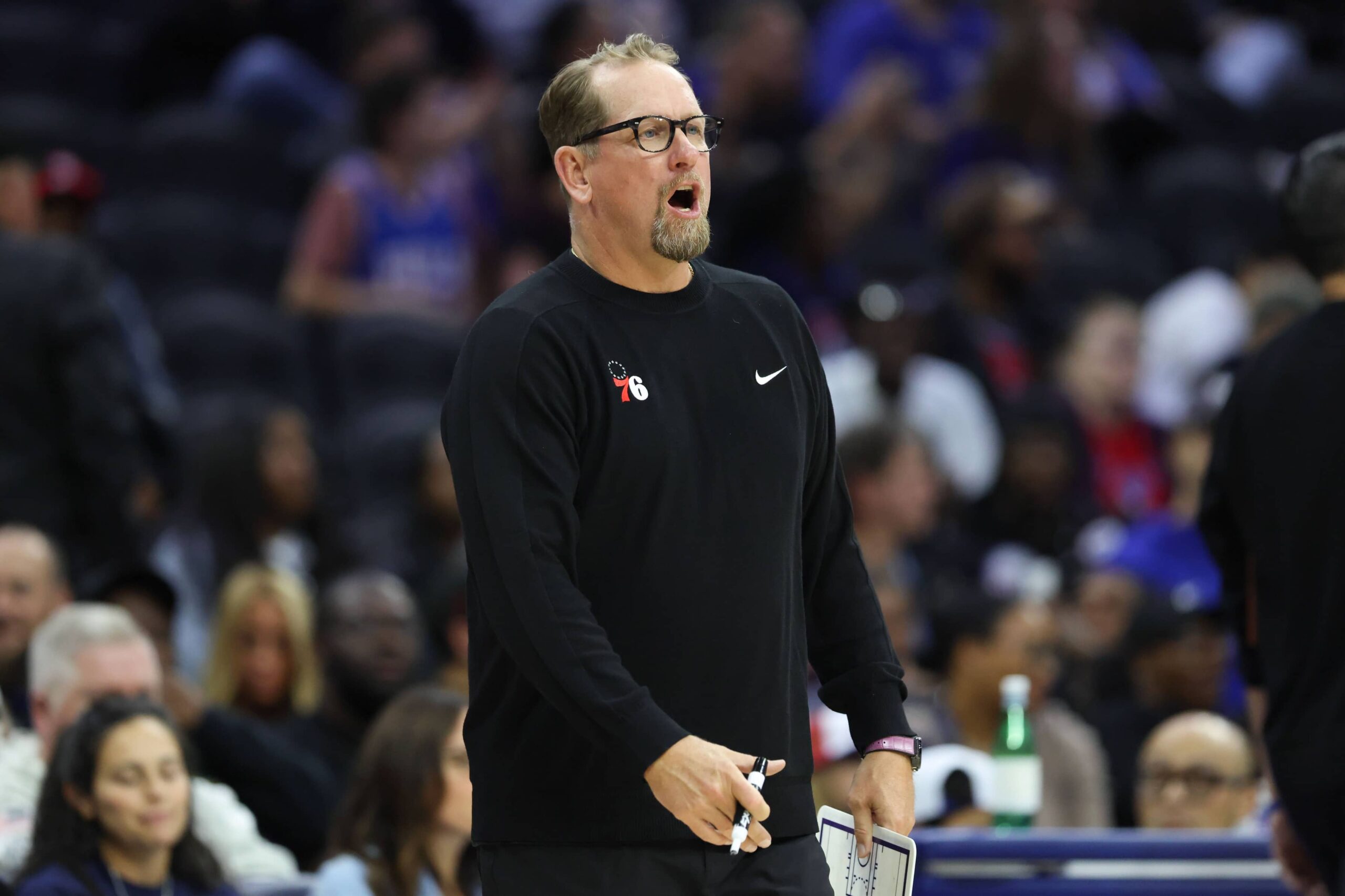 Oct 10, 2025; Philadelphia, Pennsylvania, USA; Philadelphia 76ers Head Coach Nick Nurse reacts to a play against the Orlando Magic during the third quarter at Xfinity Mobile Arena. Mandatory Credit: Bill Streicher-Imagn Images