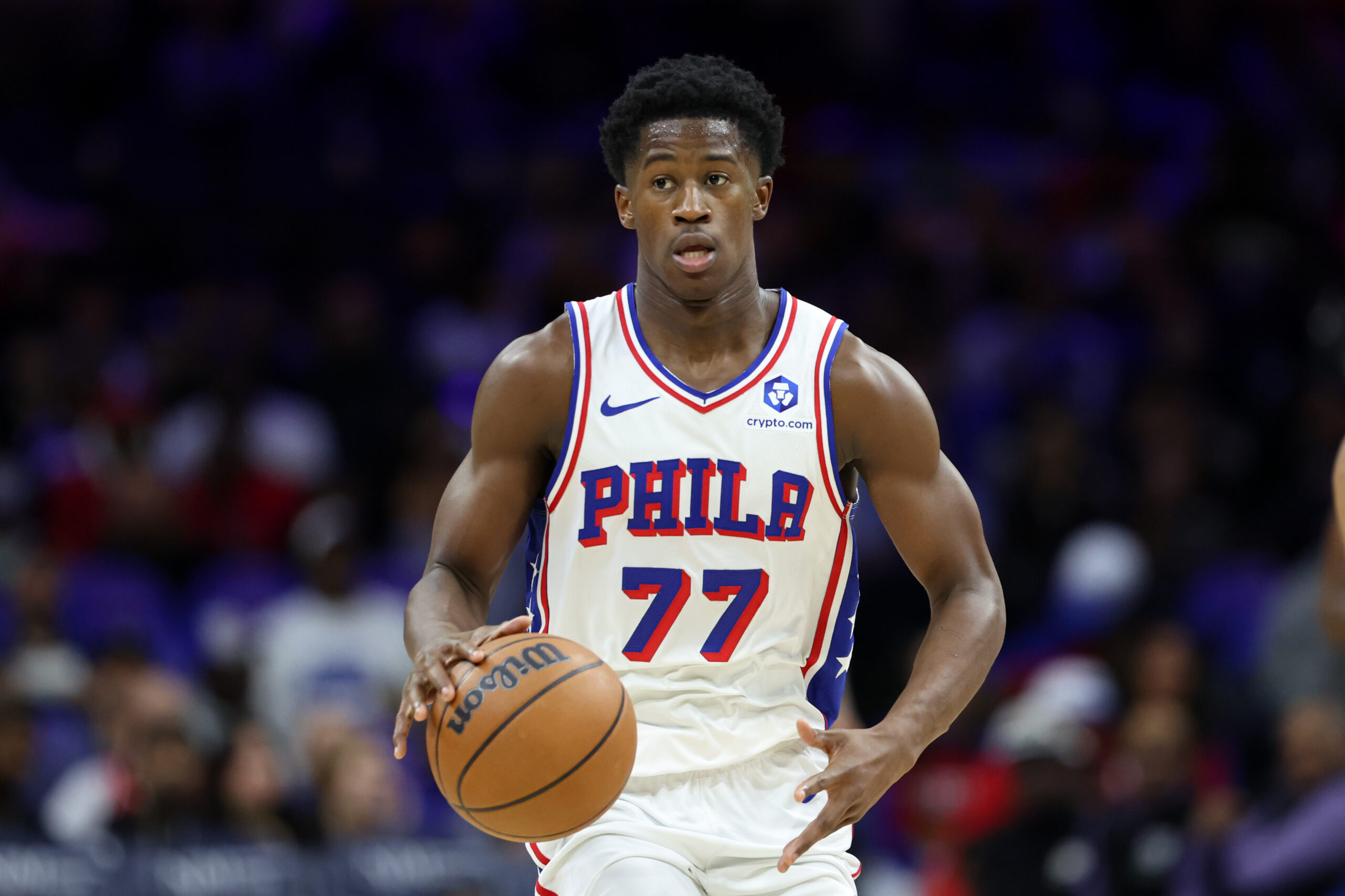 Oct 17, 2025; Philadelphia, Pennsylvania, USA; Philadelphia 76ers guard Vj Edgecombe (77) dribbles the ball against the Minnesota Timberwolves during the third quarter at Xfinity Mobile Arena. Mandatory Credit: Bill Streicher-Imagn Images