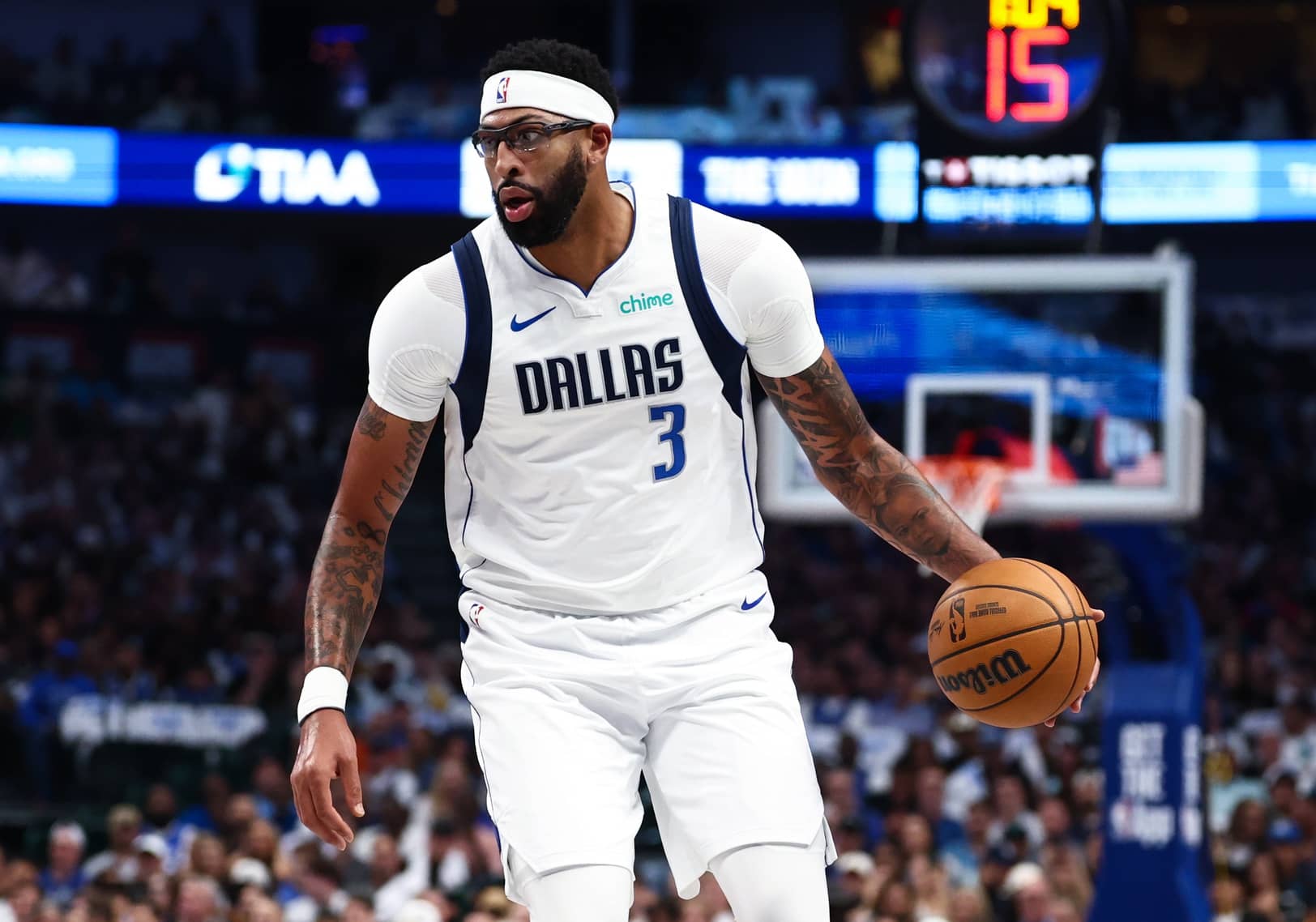 Oct 22, 2025; Dallas, Texas, USA; Dallas Mavericks forward Anthony Davis (3) in action during the game against the San Antonio Spurs at American Airlines Center. Mandatory Credit: Kevin Jairaj-Imagn Images