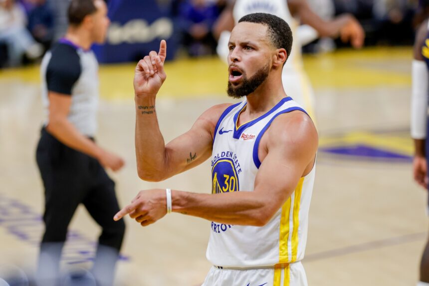 Oct 23, 2025; San Francisco, California, USA; Golden State Warriors guard Stephen Curry (30) celebrates against the Denver Nuggets during the third quarter at Chase Center. Mandatory Credit: Bob Kupbens-Imagn Images