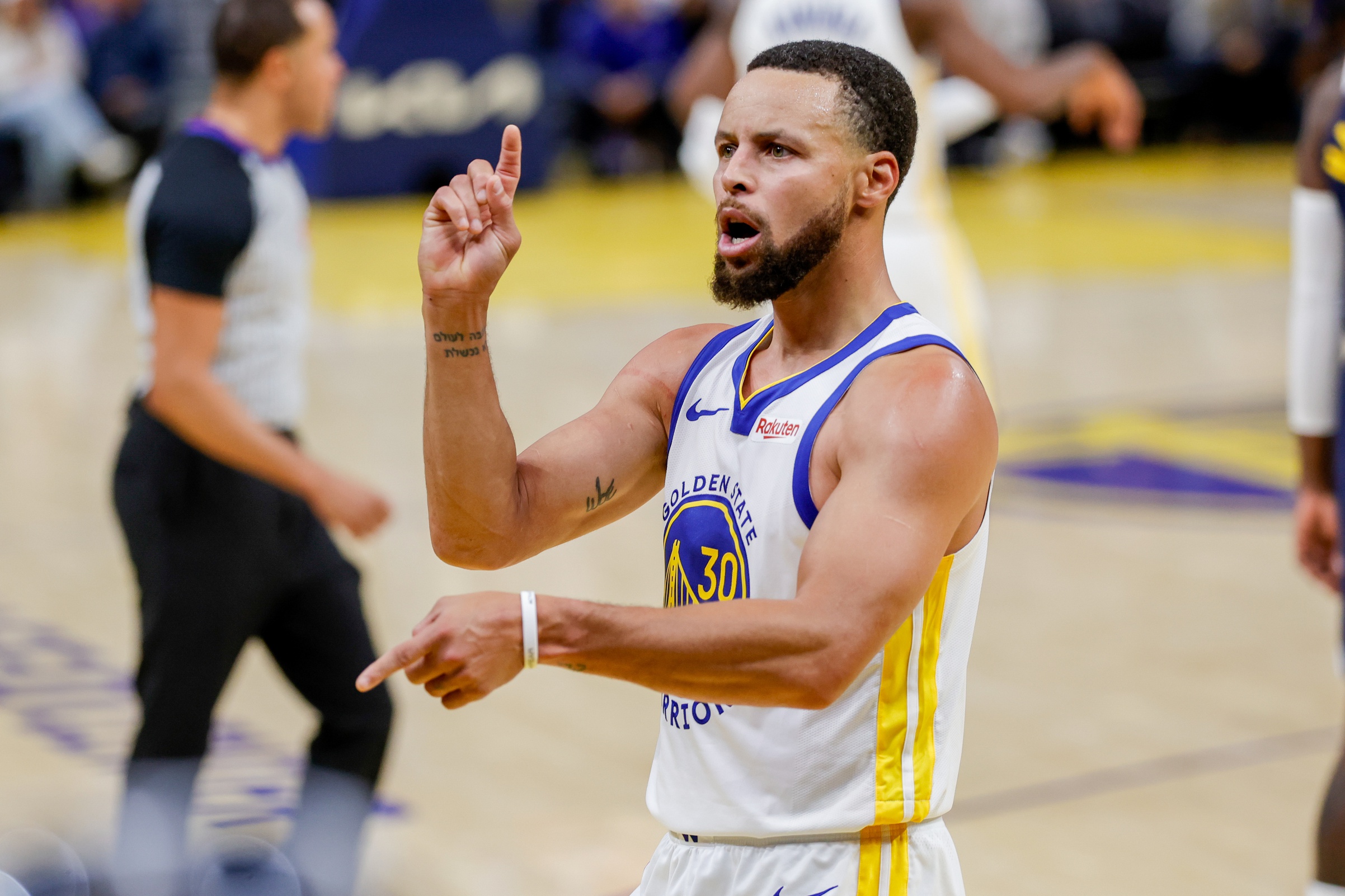 Oct 23, 2025; San Francisco, California, USA; Golden State Warriors guard Stephen Curry (30) celebrates against the Denver Nuggets during the third quarter at Chase Center. Mandatory Credit: Bob Kupbens-Imagn Images