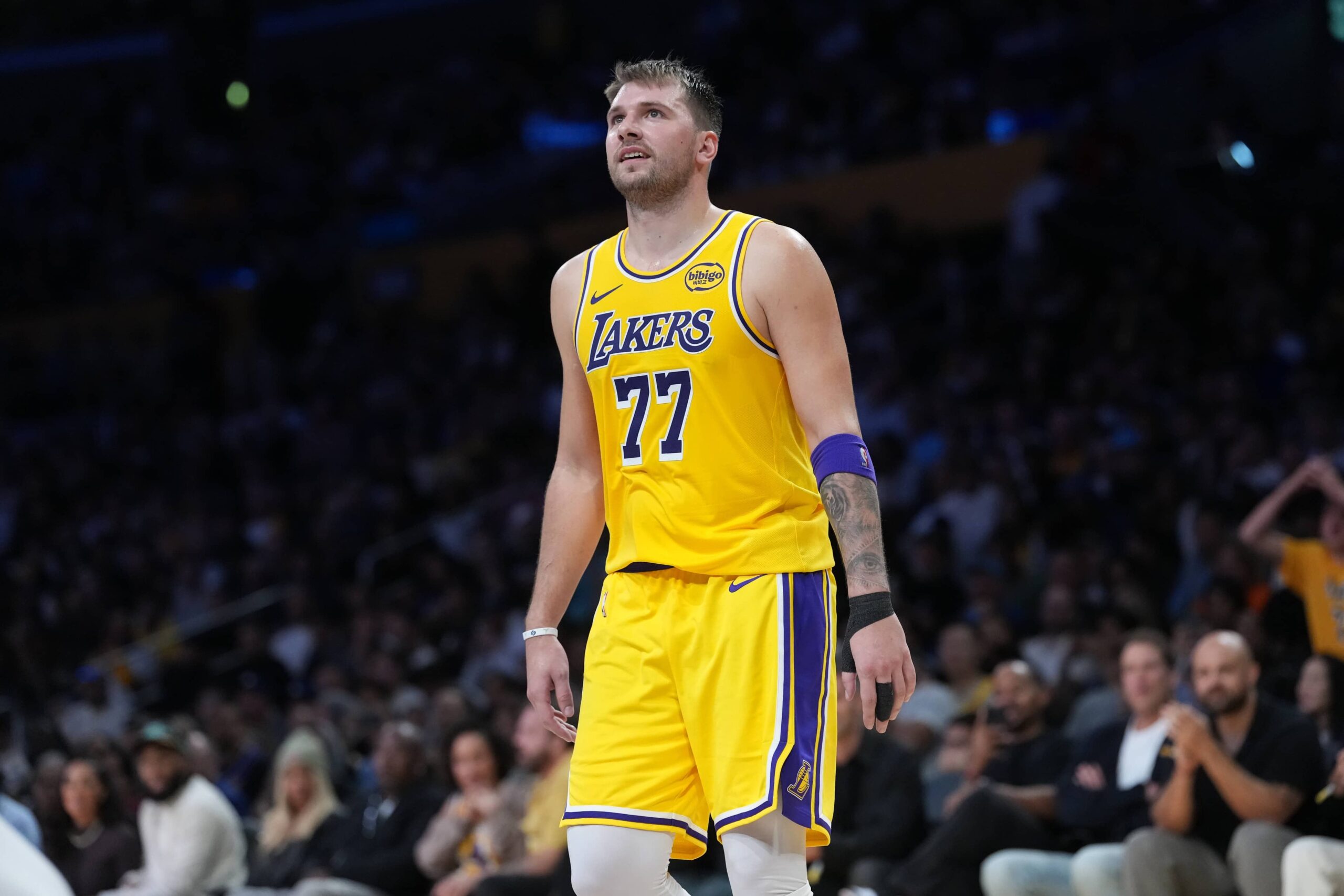 Oct 24, 2025; Los Angeles, California, USA; Los Angeles Lakers guard Luka Doncic (77) reacts in the second half against the Minnesota Timberwolves at Crypto.com Arena. Mandatory Credit: Kirby Lee-Imagn Images