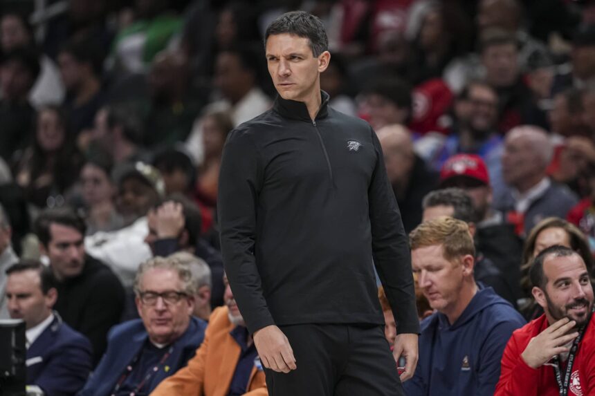 Oct 25, 2025; Atlanta, Georgia, USA; Oklahoma City Thunder head coach Mark Daigneault reacts on the bench against the Atlanta Hawks during the first half at State Farm Arena. Mandatory Credit: Dale Zanine-Imagn Images