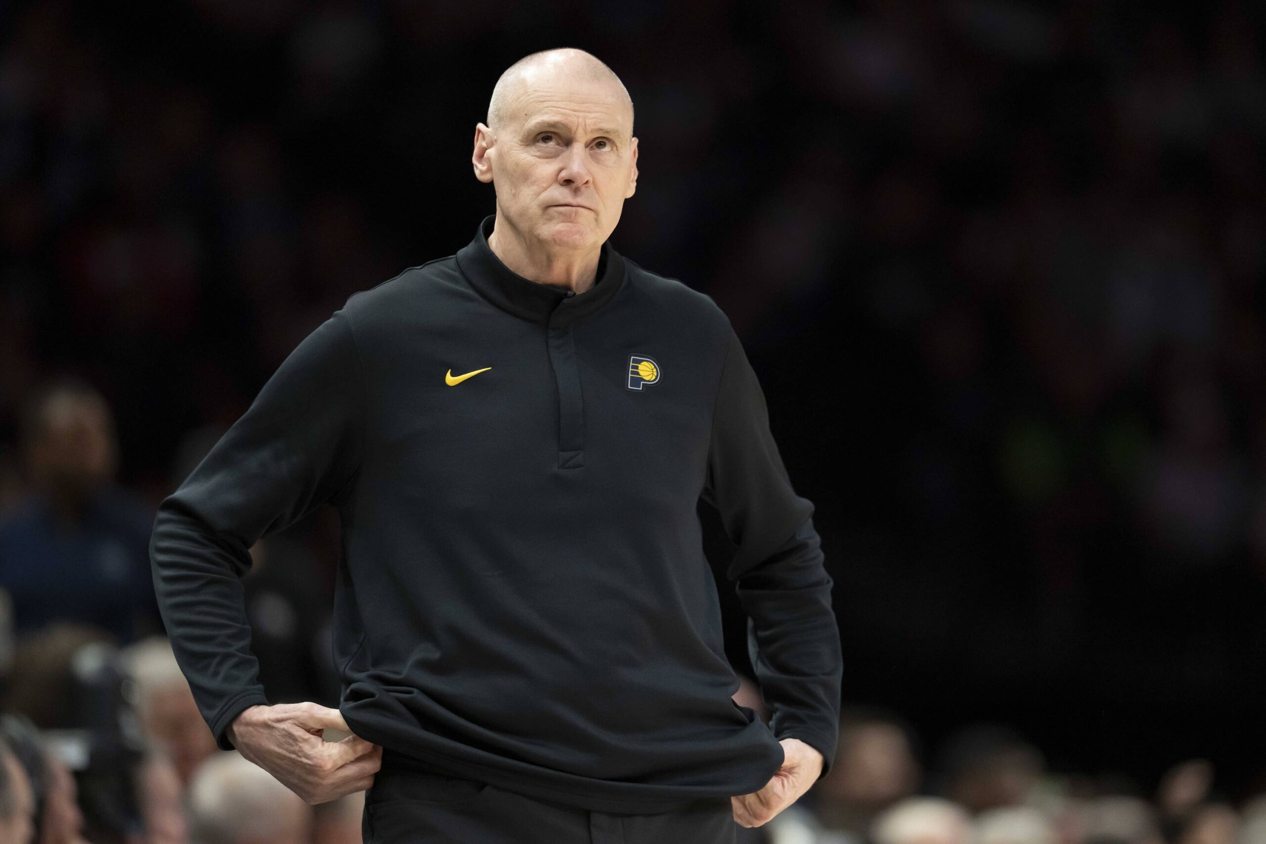 Oct 26, 2025; Minneapolis, Minnesota, USA; Indiana Pacers head coach Rick Carlisle looks on against the Minnesota Timberwolves in the first half at Target Center. Mandatory Credit: Jesse Johnson-Imagn Images