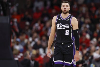 Oct 29, 2025; Chicago, Illinois, USA; Sacramento Kings guard Zach LaVine (8) walks on the court during the first half at United Center. Mandatory Credit: Kamil Krzaczynski-Imagn Images