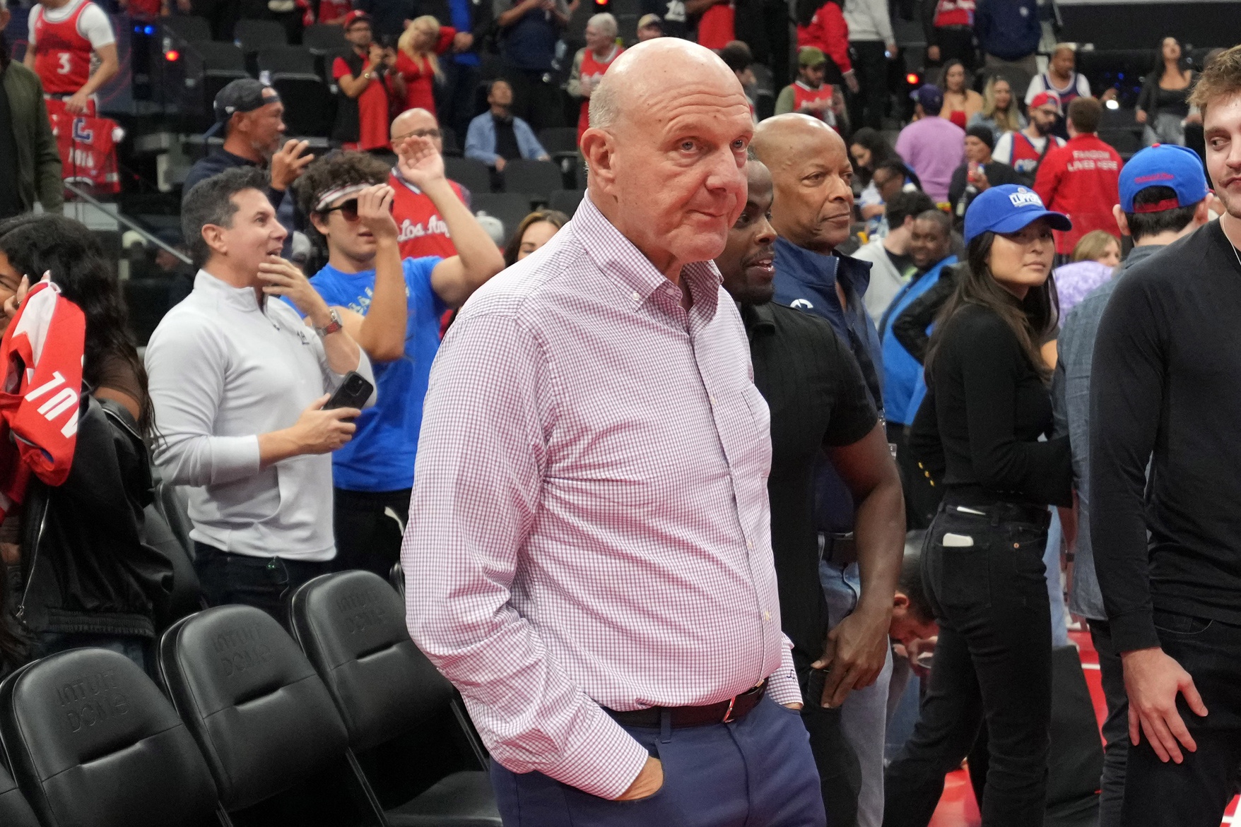 Oct 31, 2025; Inglewood, California, USA; LA Clippers owner Steve Ballmer watches during the game against the New Orleans Pelicans at Intuit Dome. Mandatory Credit: Kirby Lee-Imagn Images