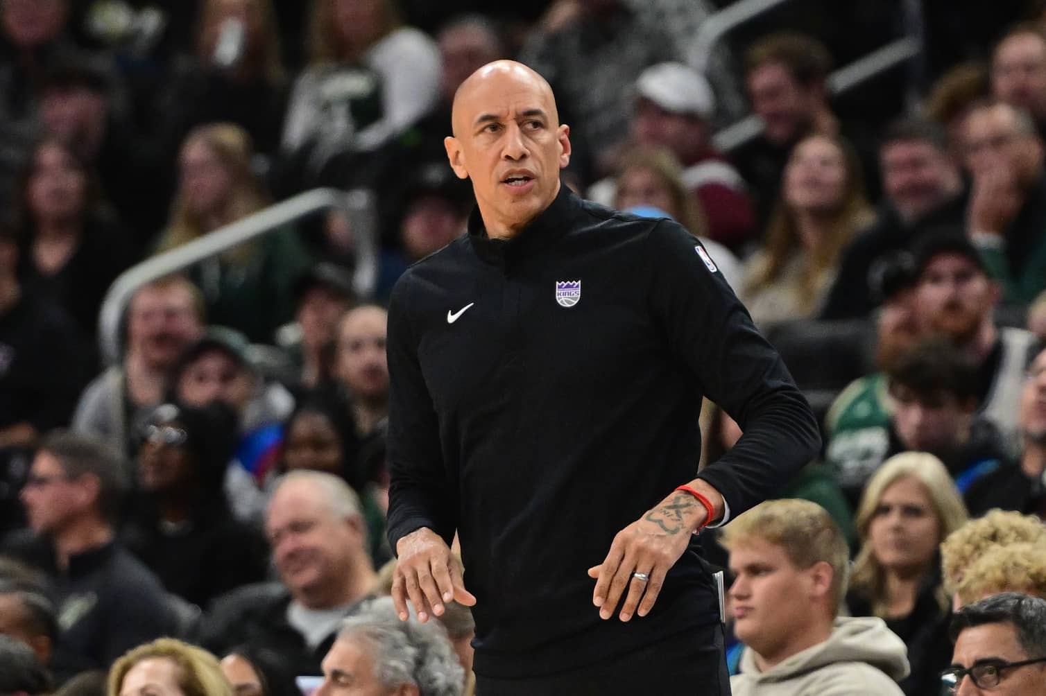 Nov 1, 2025; Milwaukee, Wisconsin, USA; Sacramento Kings head coach Doug Christie looks on in the 4th quarter against the Milwaukee Bucks at Fiserv Forum. Mandatory Credit: Benny Sieu-Imagn Images