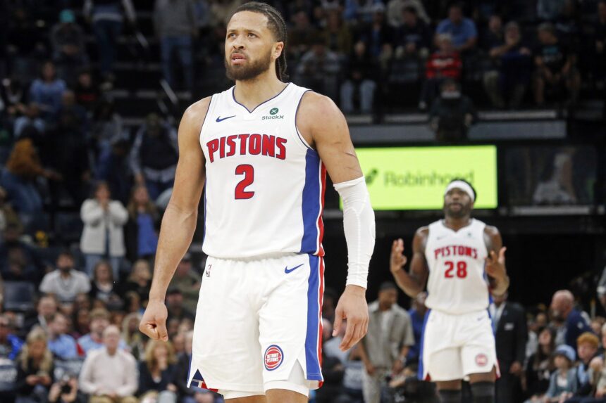 Detroit Pistons guard Cade Cunningham (2) reacts during the fourth quarter against the Memphis Grizzlies at FedExForum.