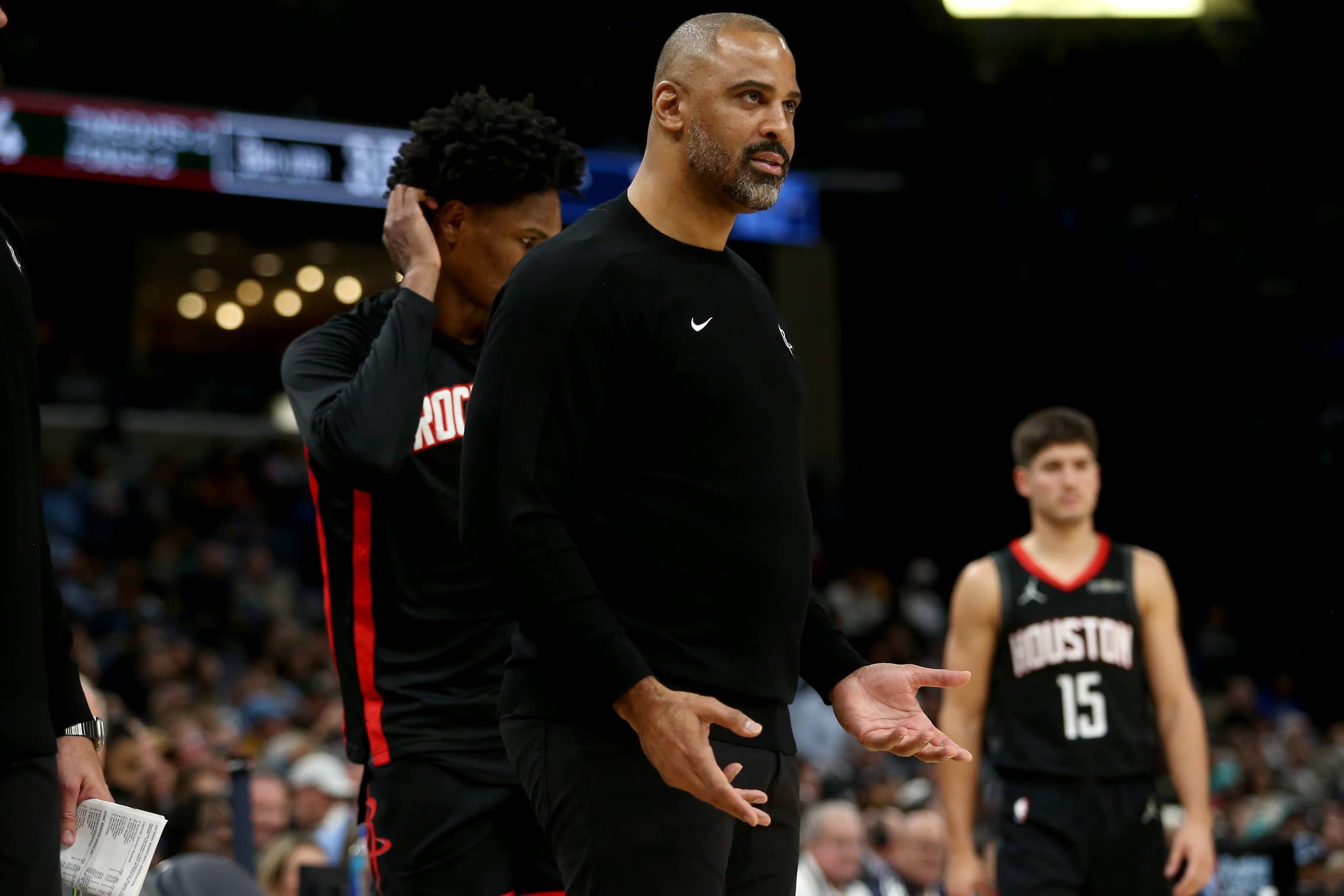 Nov 5, 2025; Memphis, Tennessee, USA; Houston Rockets head coach Ime Udoka reacts during the third quarter against the Memphis Grizzlies at FedExForum. Mandatory Credit: Petre Thomas-Imagn Images