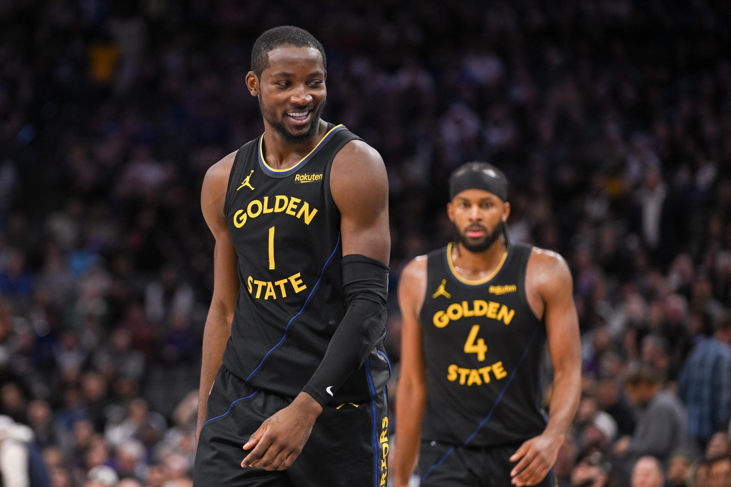 Nov 5, 2025; Sacramento, California, USA; Golden State Warriors forward Jonathan Kuminga (1) reacts after being called for a foul against the Sacramento Kings during the fourth quarter at Golden 1 Center. Mandatory Credit: Ed Szczepanski-Imagn Images