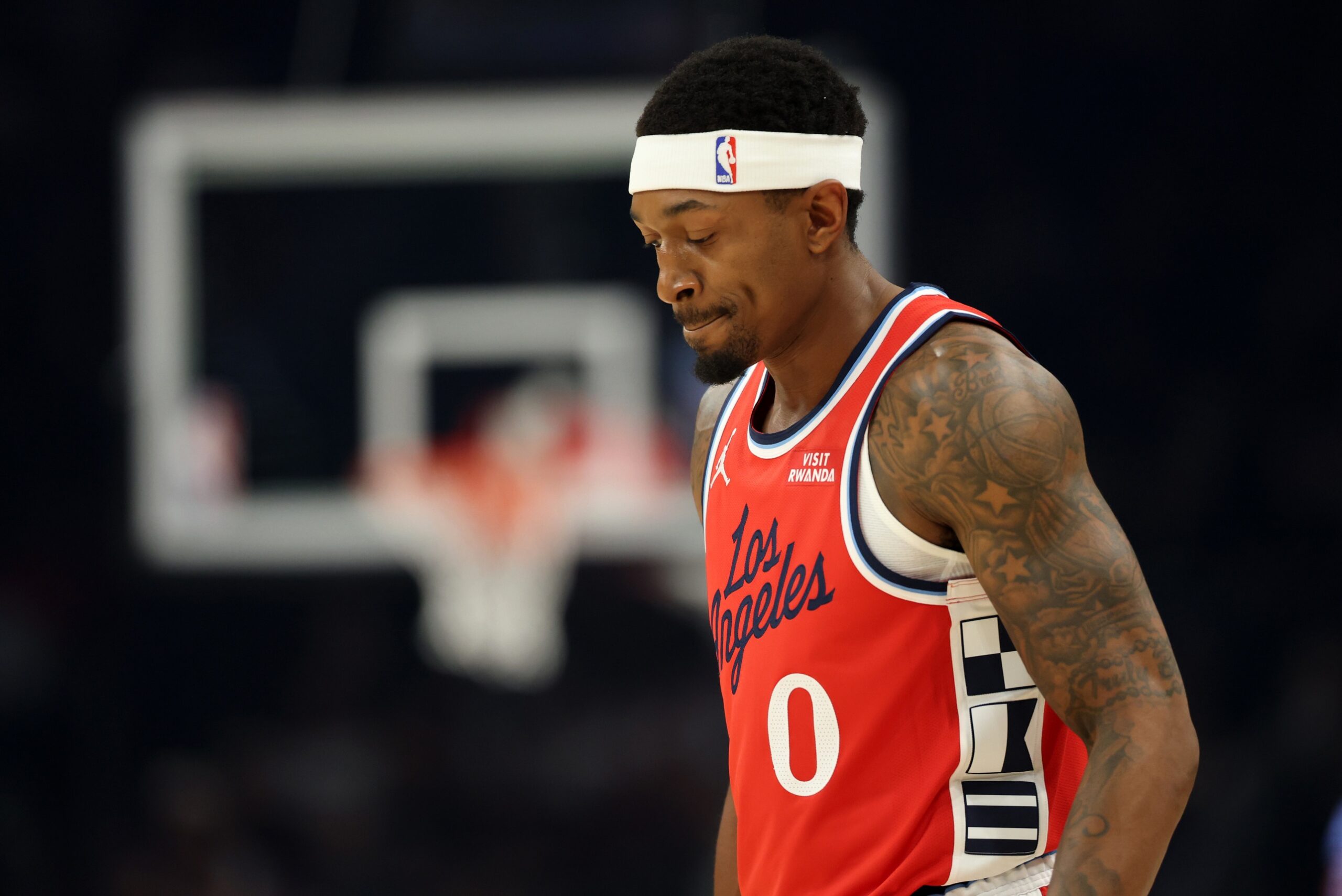 Nov 6, 2025; Phoenix, Arizona, USA; Los Angeles Clippers guard Bradley Beal (0) against the Phoenix Suns in the first half at the Mortgage Matchup Center. Mandatory Credit: Mark J. Rebilas-Imagn Images