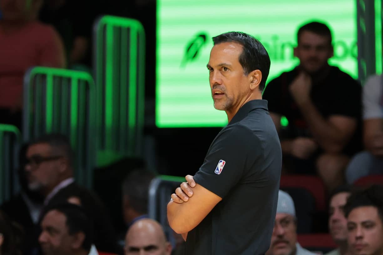 Nov 7, 2025; Miami, Florida, USA; Miami Heat head coach Erik Spoelstra looks on from the sideline against the Charlotte Hornets during the first quarter of an NBA Cup game at Kaseya Center. Mandatory Credit: Sam Navarro-Imagn Images