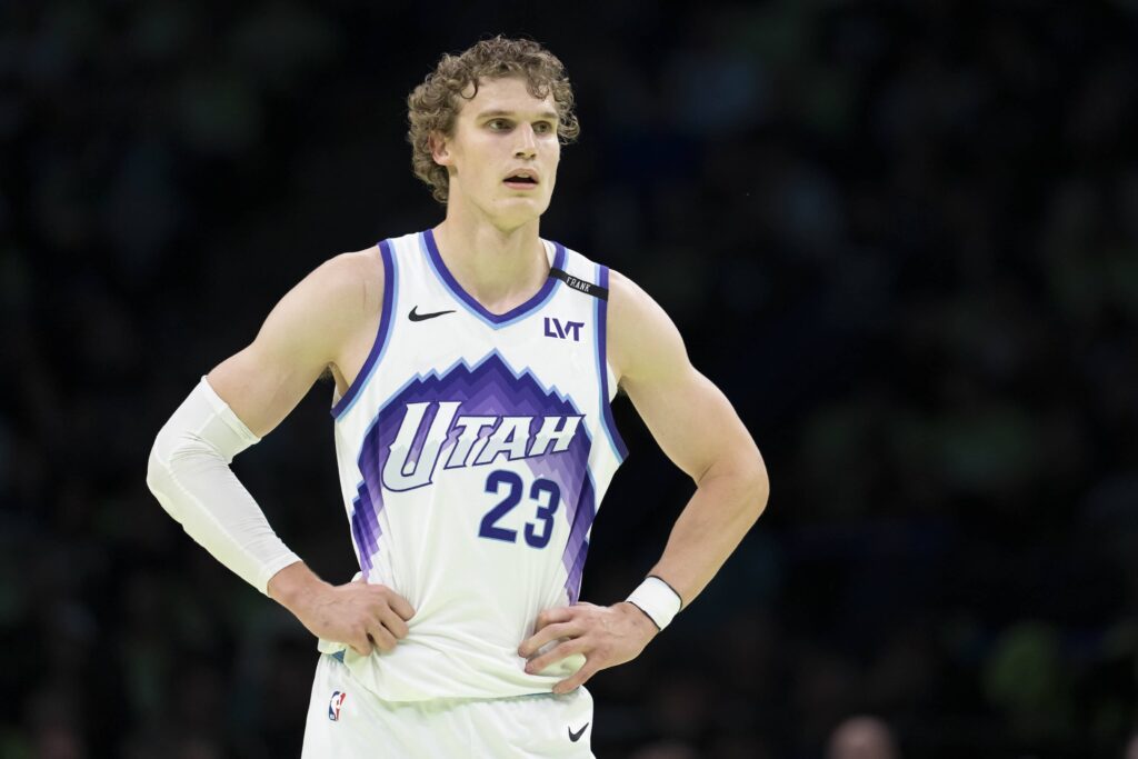 Nov 7, 2025; Minneapolis, Minnesota, USA; Utah Jazz forward Lauri Markkanen (23) looks on against the Minnesota Timberwolves in the first half at Target Center. Mandatory Credit: Jesse Johnson-Imagn Images