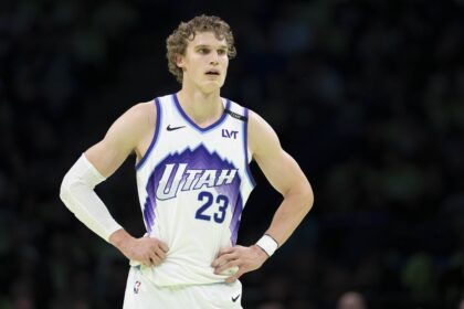 Nov 7, 2025; Minneapolis, Minnesota, USA; Utah Jazz forward Lauri Markkanen (23) looks on against the Minnesota Timberwolves in the first half at Target Center. Mandatory Credit: Jesse Johnson-Imagn Images