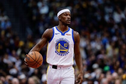 Nov 7, 2025; Denver, Colorado, USA; Golden State Warriors forward Jimmy Butler III (10) dribbles the ball up court in the first quarter against the Denver Nuggets at Ball Arena. Mandatory Credit: Isaiah J. Downing-Imagn Images