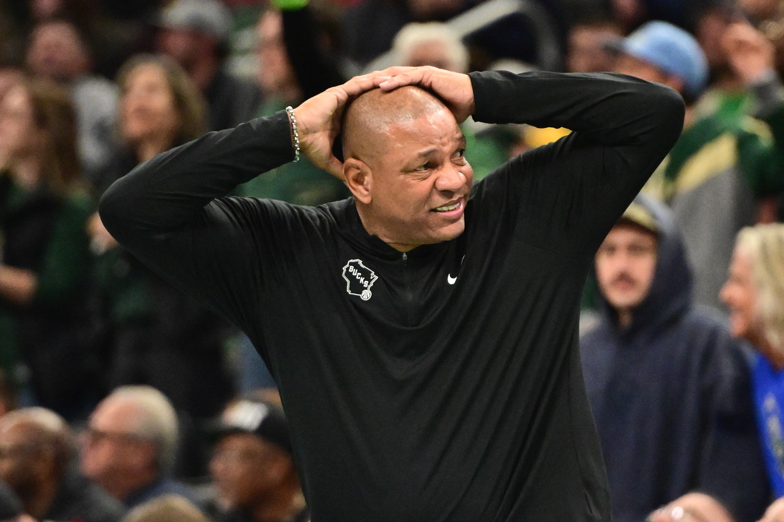Nov 7, 2025; Milwaukee, Wisconsin, USA; Milwaukee Bucks head coach Doc Rivers reacts in the 4th quarter against the Chicago Bulls at Fiserv Forum. Mandatory Credit: Benny Sieu-Imagn Images