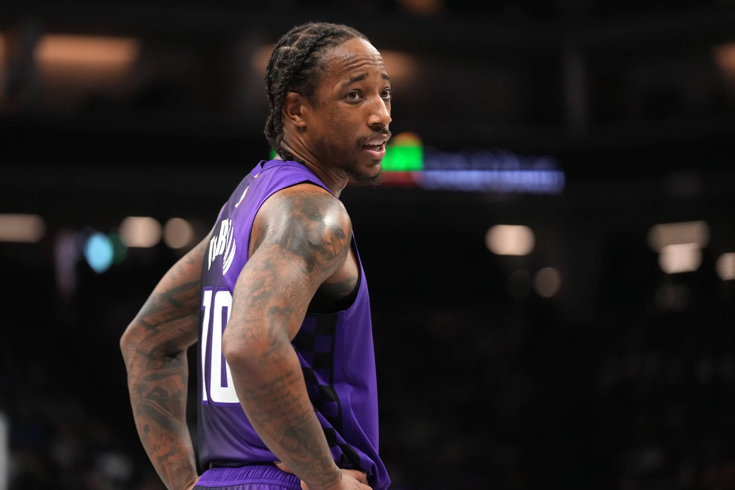 Nov 7, 2025; Sacramento, California, USA; Sacramento Kings guard DeMar DeRozan (10) talks with an official after a foul call against the Oklahoma City Thunder in the second quarter at the Golden 1 Center. Mandatory Credit: Cary Edmondson-Imagn Images