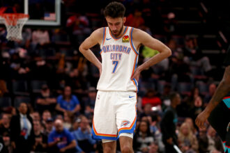 Nov 9, 2025; Memphis, Tennessee, USA; Oklahoma City Thunder center Chet Holmgren (7) reacts during a time out during the second quarter against the Memphis Grizzlies at FedExForum. Mandatory Credit: Petre Thomas-Imagn Images