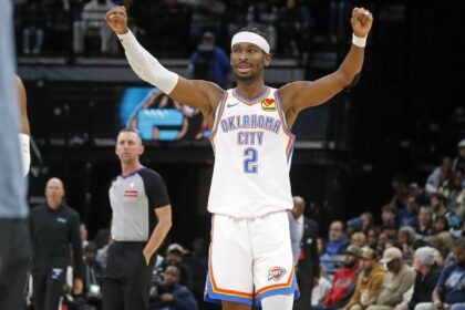 Memphis, Tennessee, USA; Oklahoma City Thunder guard Shai Gilgeous-Alexander (2) reacts during the third quarter against the Memphis Grizzlies at FedExForum. Mandatory Credit: Petre Thomas-Imagn Images