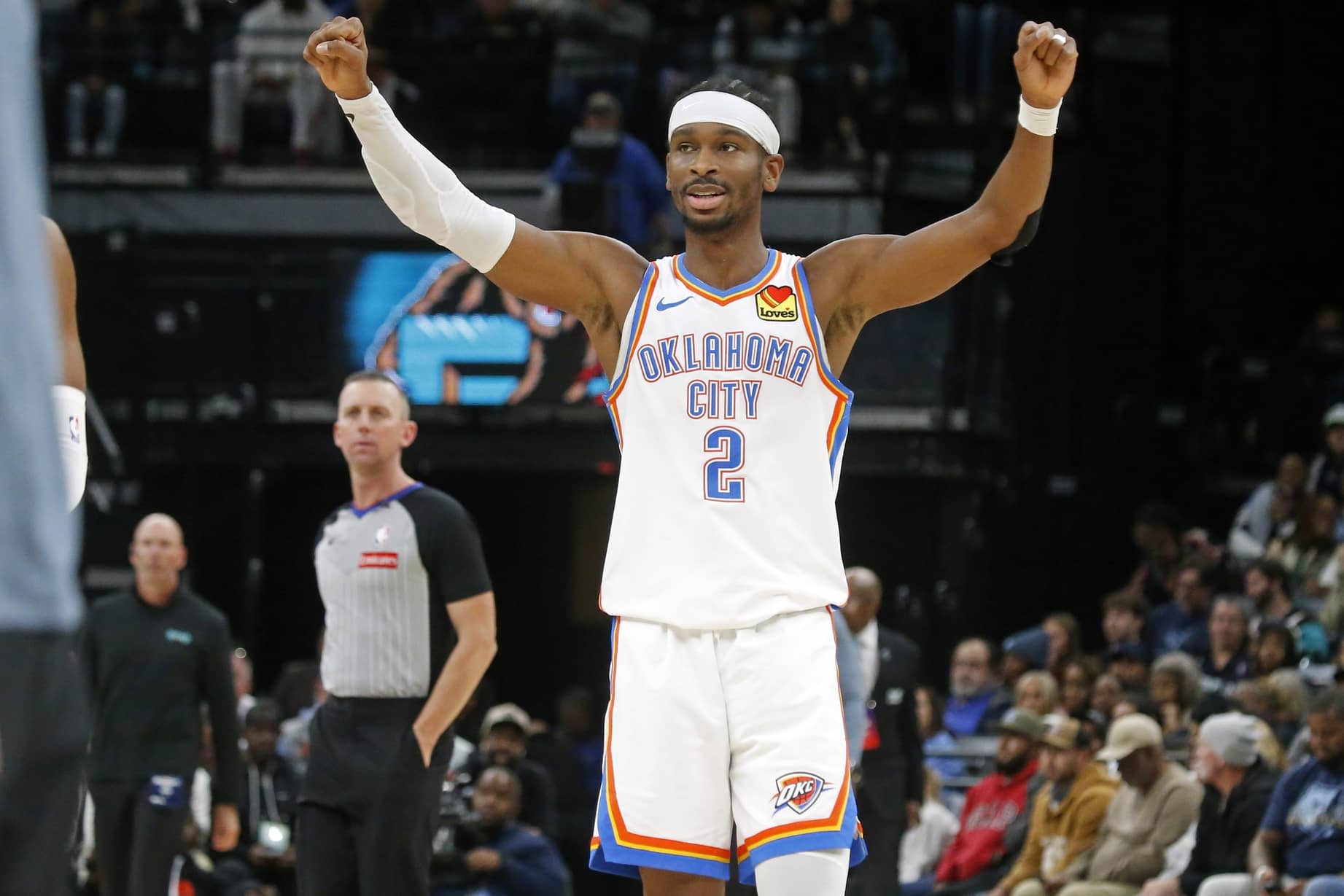 Memphis, Tennessee, USA; Oklahoma City Thunder guard Shai Gilgeous-Alexander (2) reacts during the third quarter against the Memphis Grizzlies at FedExForum. Mandatory Credit: Petre Thomas-Imagn Images