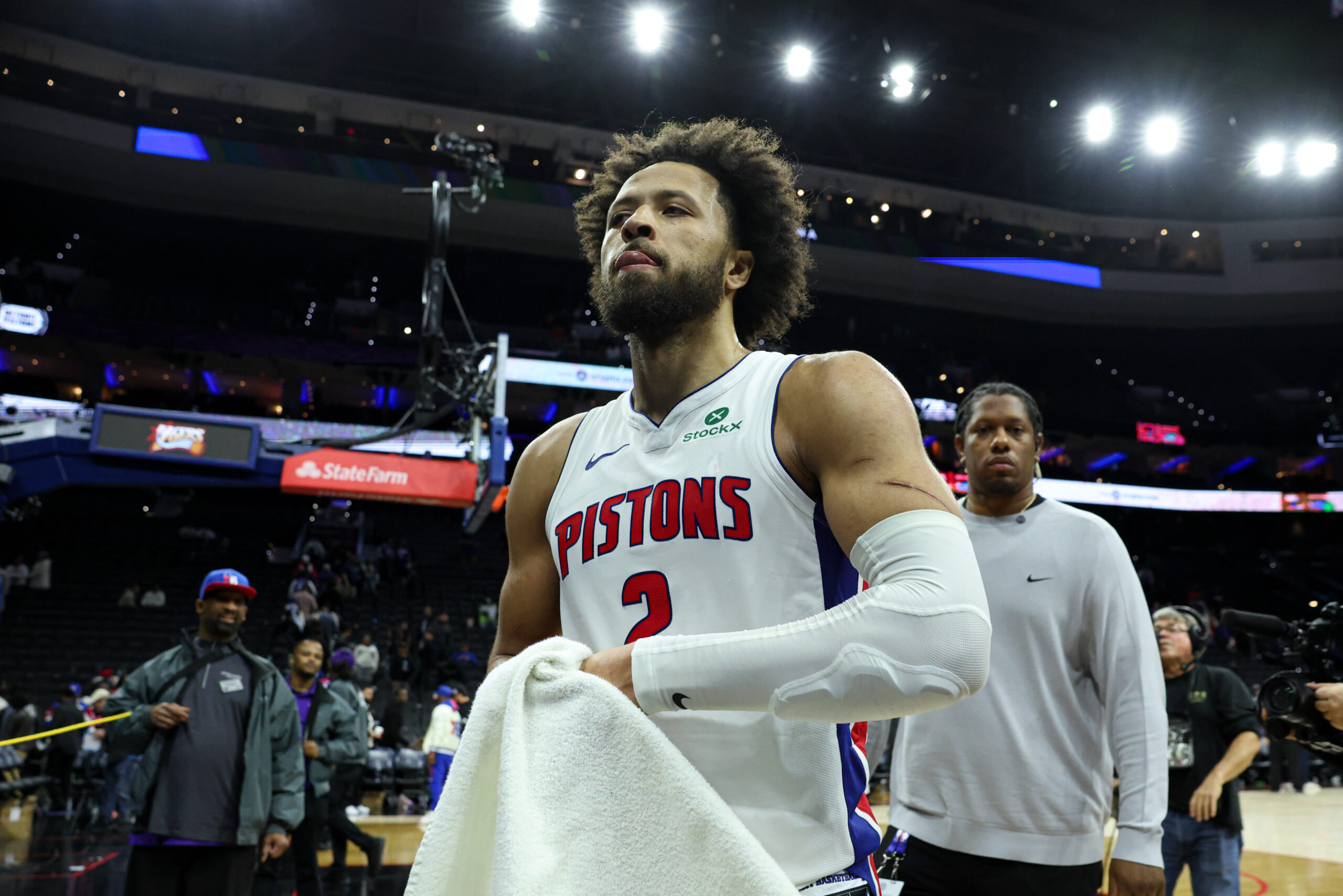 Nov 9, 2025; Philadelphia, Pennsylvania, USA; Detroit Pistons guard Cade Cunningham (2) walks off the court after a victory against the Philadelphia 76ers at Xfinity Mobile Arena. Mandatory Credit: Bill Streicher-Imagn Images