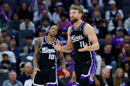 Nov 11, 2025; Sacramento, California, USA; Sacramento Kings center Domantas Sabonis (11) reacts after a call during the fourth quarter against the Denver Nuggets at Golden 1 Center. Mandatory Credit: Sergio Estrada-Imagn Images