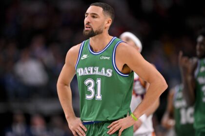Nov 12, 2025; Dallas, Texas, USA; Dallas Mavericks guard Klay Thompson (31) looks on during the second half against the Phoenix Suns at the American Airlines Center. Mandatory Credit: Jerome Miron-Imagn Images