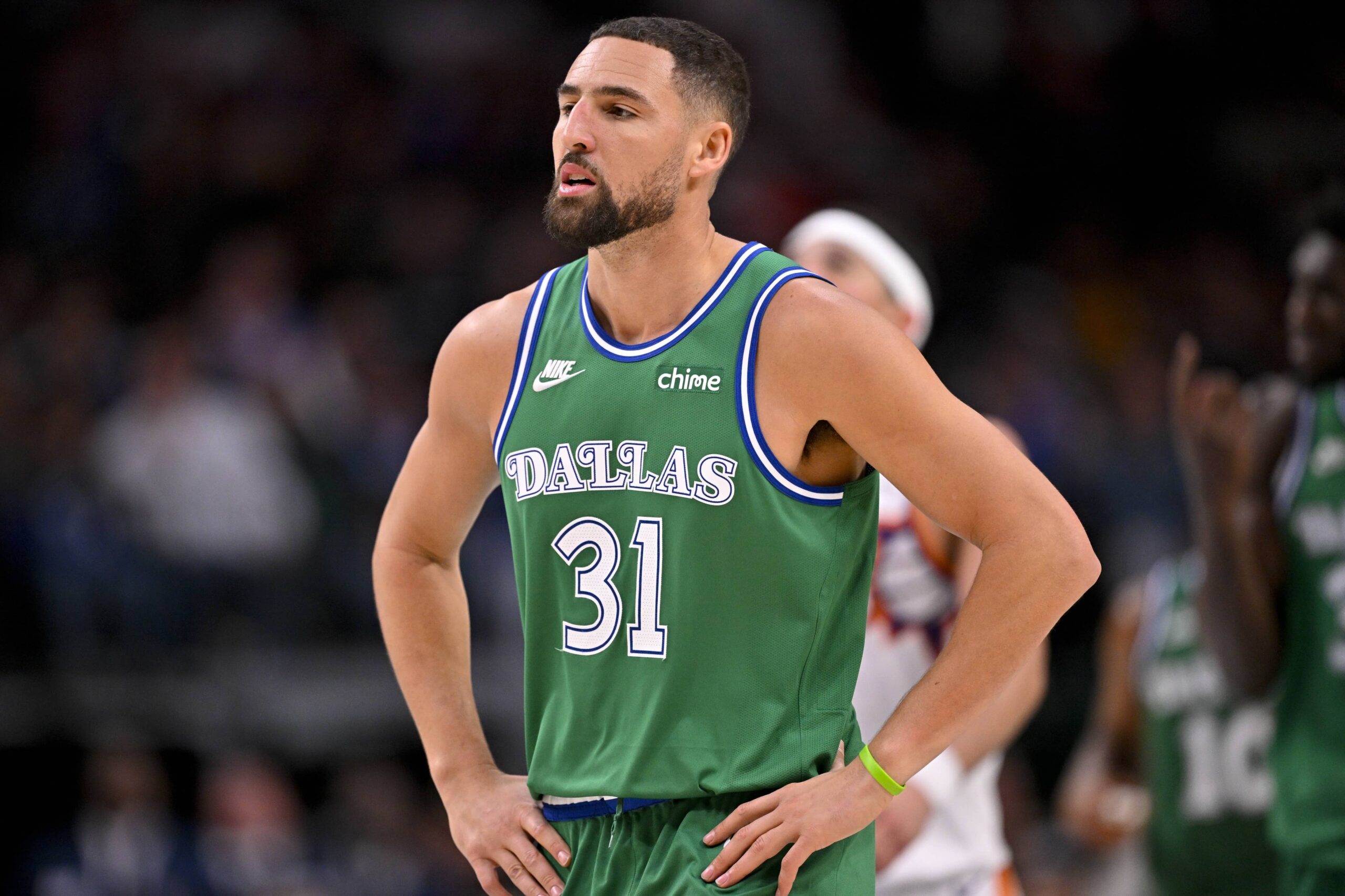 Nov 12, 2025; Dallas, Texas, USA; Dallas Mavericks guard Klay Thompson (31) looks on during the second half against the Phoenix Suns at the American Airlines Center. Mandatory Credit: Jerome Miron-Imagn Images