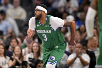 Oct 26, 2025; Dallas, Texas, USA; Dallas Mavericks forward Anthony Davis (3) runs back up court during the game between the Mavericks and the Raptors at the American Airlines Center. Mandatory Credit: Jerome Miron-Imagn Images