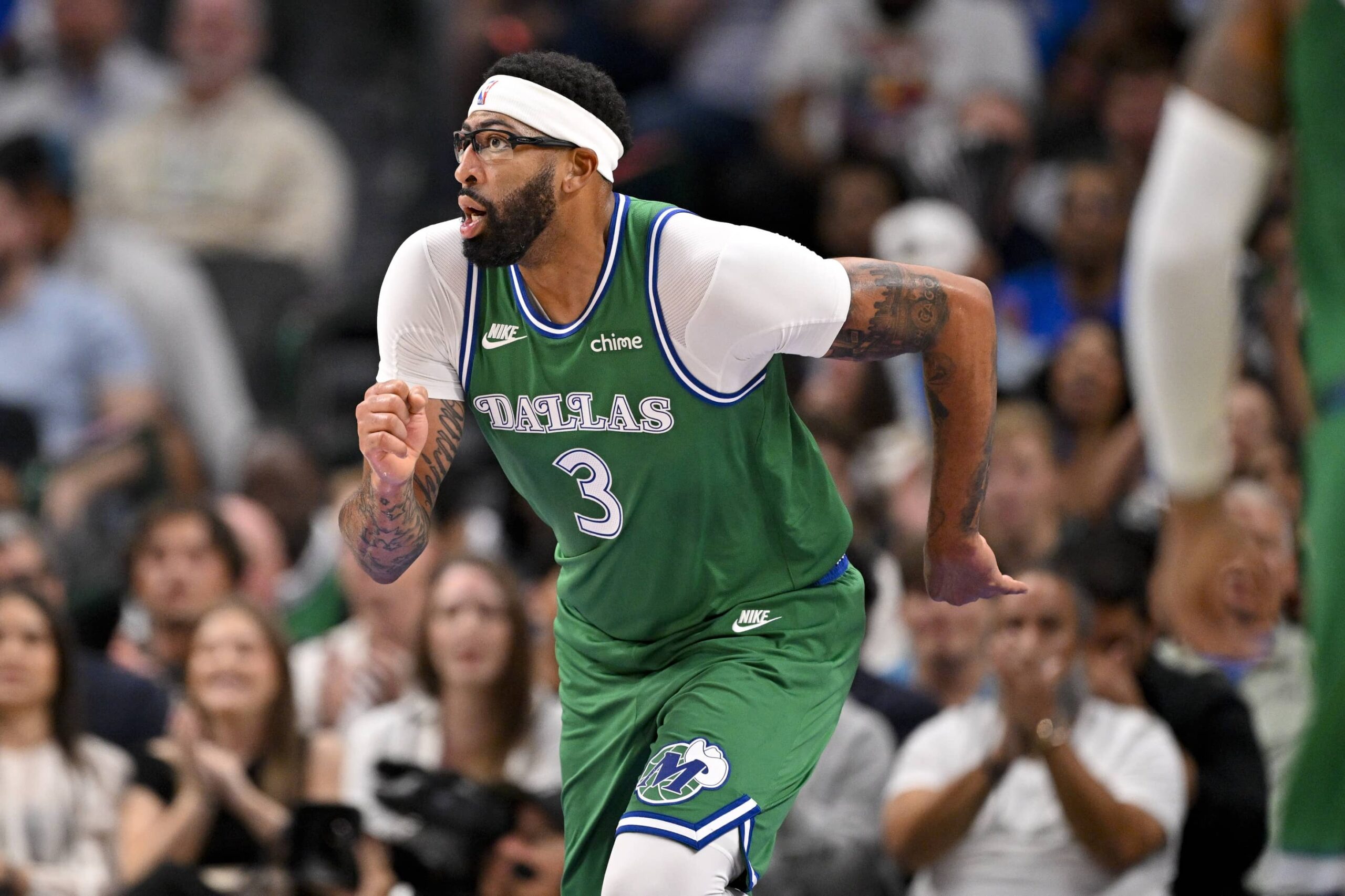 Oct 26, 2025; Dallas, Texas, USA; Dallas Mavericks forward Anthony Davis (3) runs back up court during the game between the Mavericks and the Raptors at the American Airlines Center. Mandatory Credit: Jerome Miron-Imagn Images