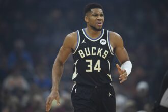 Nov 17, 2025; Cleveland, Ohio, USA; Milwaukee Bucks forward Giannis Antetokounmpo (34) reacts in the first quarter against the Cleveland Cavaliers at Rocket Arena. Mandatory Credit: David Richard-Imagn Images